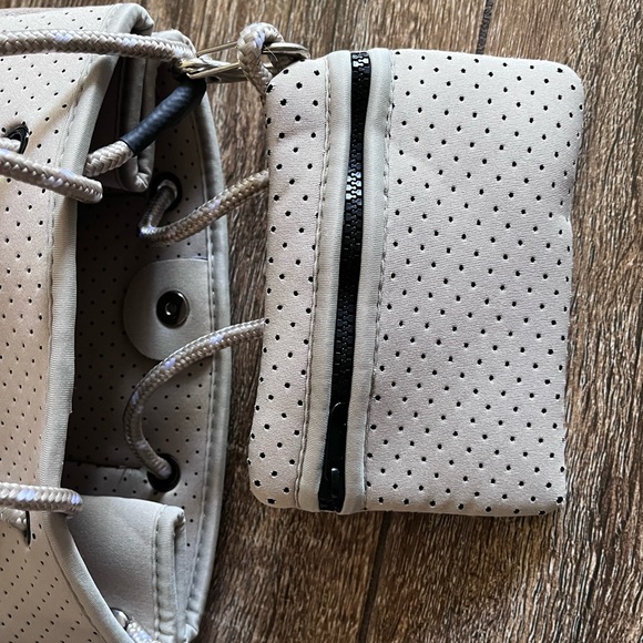 NWOT ah•dorned Neoprene perforated shoulder tan bag - Picture 6 of 16